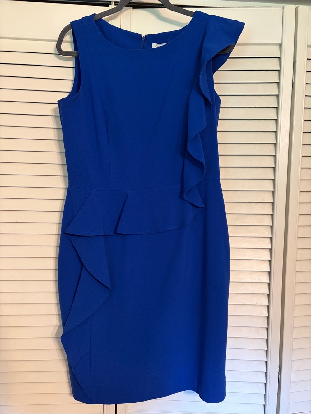 Calvin Klein Royal Blue One-Shoulder Ruffle Sheath Dress